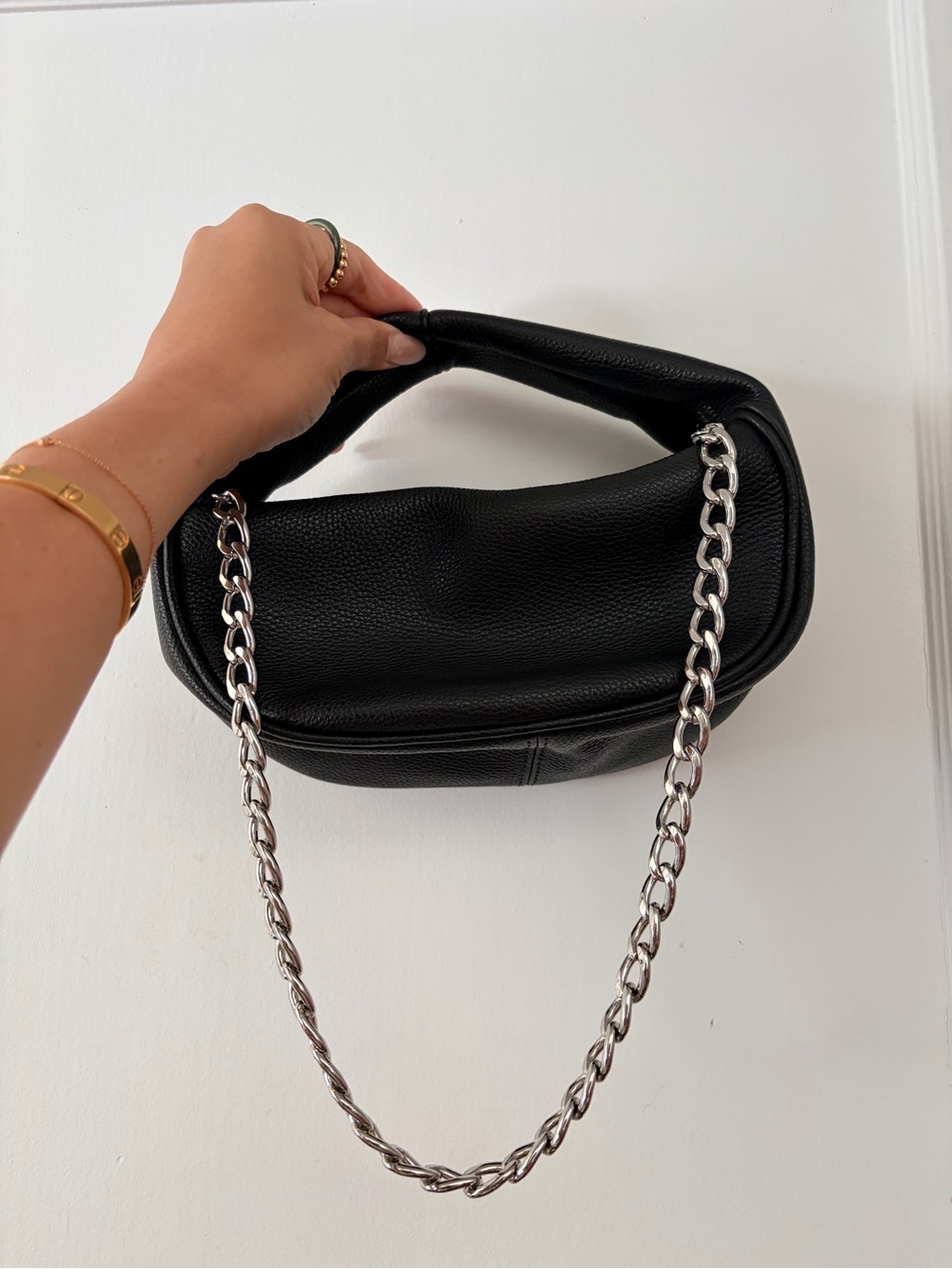 BYFAR Black Leather Shoulder Bag with Silver Chain